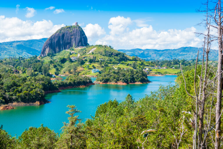 panoramic view of Penol lake and the famous homonym stone Guatape